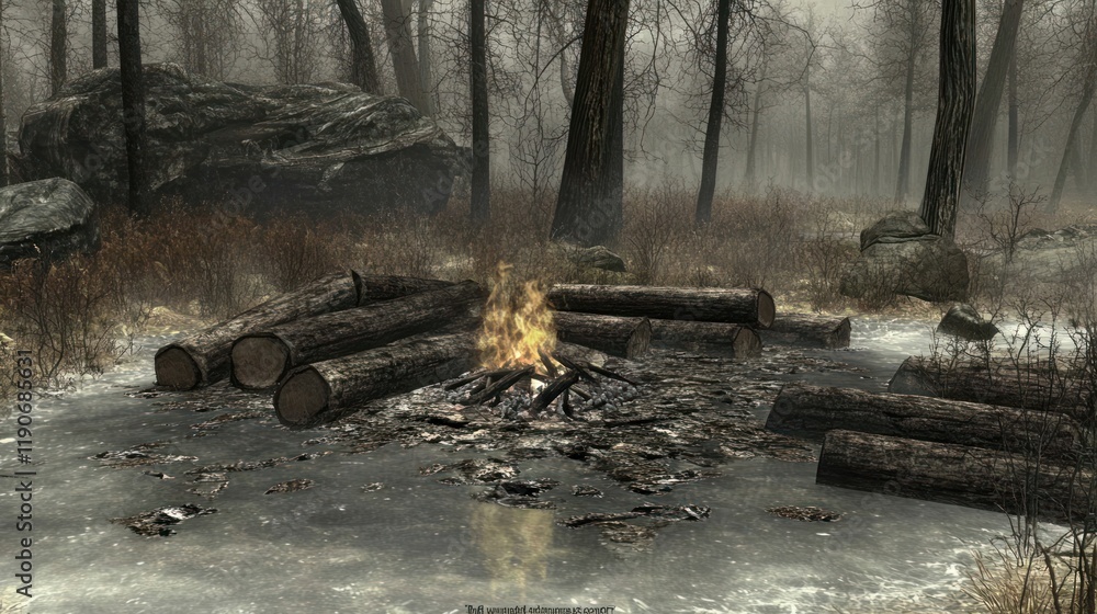 Winter Forest Campfire Logs Surround a Cozy Fire Amidst Snowy Woods Winter Forest Campfire Logs Surround a Cozy Fire Amidst Snowy Woods