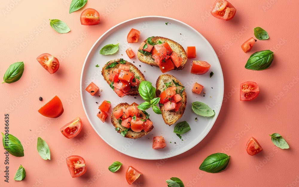 A plate of bruschetta, with flying tomato cubes and basil leaves on a pastel coral surface A plate of bruschetta, with flying tomato cubes and basil leaves on a pastel coral surface