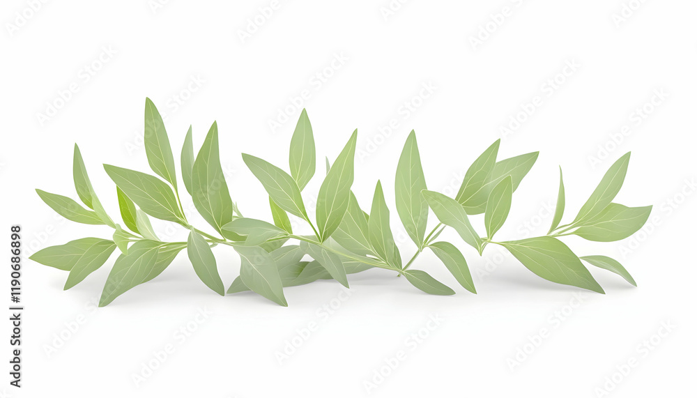 Fresh green sprig, leaves, isolated, white background, herbal ingredient, food photography, healthy recipe Fresh green sprig, leaves, isolated, white background, herbal ingredient, food photography, healthy recipe
