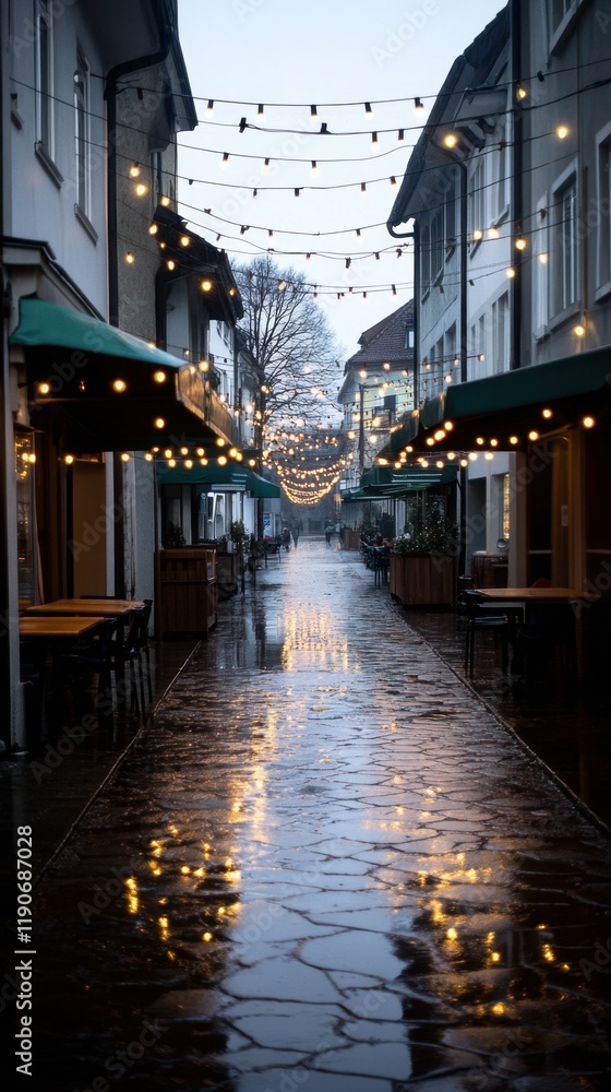 Fototapeta premium A cozy street scene with decorated food stalls, light reflections creating a luminous effect on the wet ground