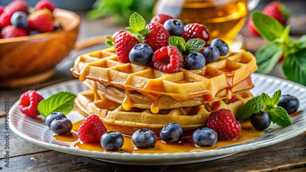 Delicious Belgian Waffles with Berries and Honey on White Plate - Stock Photo Delicious Belgian Waffles with Berries and Honey on White Plate - Stock Photo
