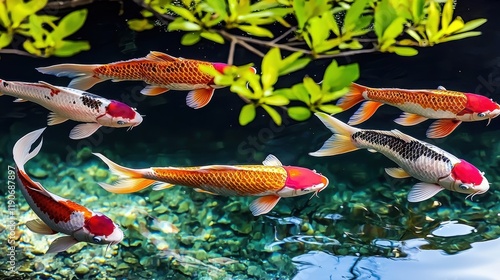 Colorful Koi Fish Swimming Gracefully in a Tranquil Pond Surrounded by Lush Greenery and Clear Water, Capturing Nature's Serenity and Beauty