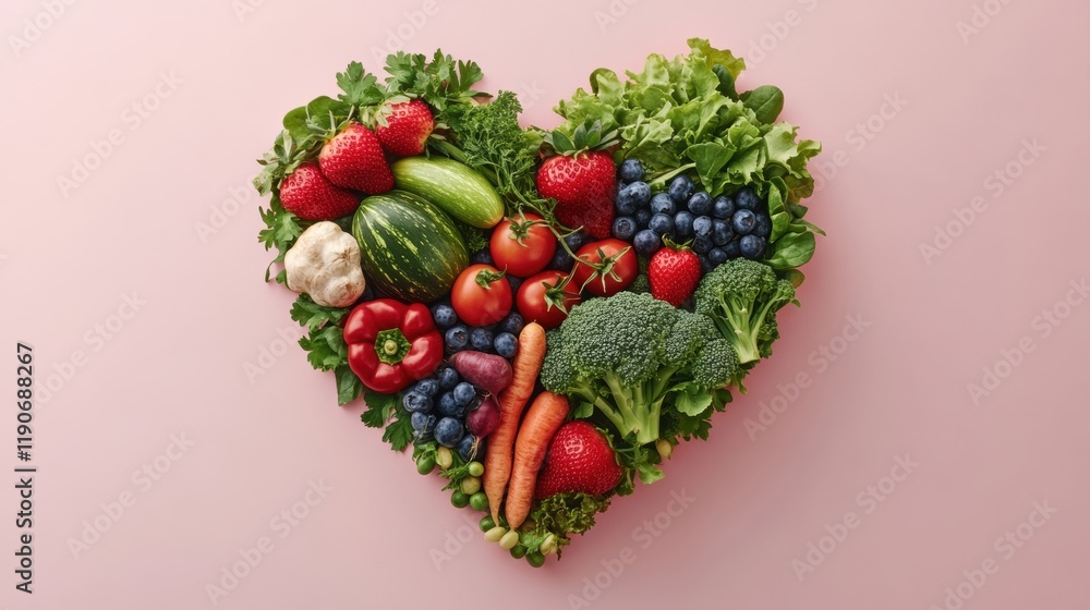 Heart Shape Made of Fresh Fruits and Vegetables on Pink Background Heart Shape Made of Fresh Fruits and Vegetables on Pink Background