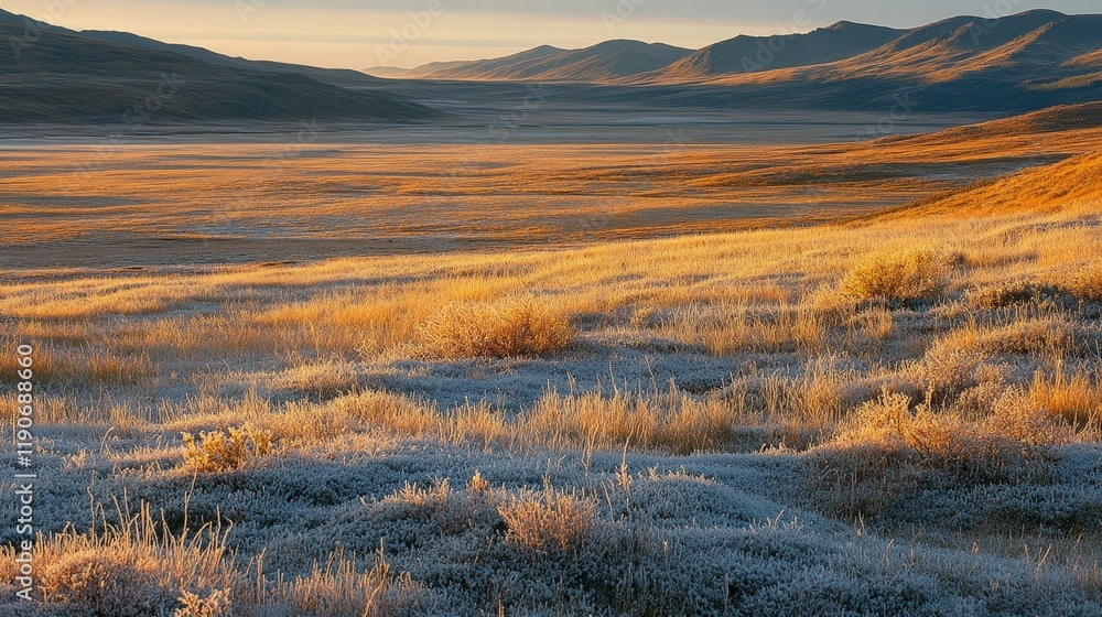 A serene view of a tundra at sunrise, with soft golden light illuminating frost-covered ground A serene view of a tundra at sunrise, with soft golden light illuminating frost-covered ground