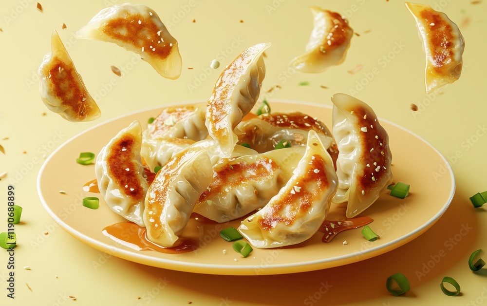A plate of gyoza, with soy sauce droplets and green onions flying dynamically on a pastel yellow surface A plate of gyoza, with soy sauce droplets and green onions flying dynamically on a pastel yellow surface