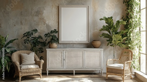 Wallpaper Mural Stylish Minimalist Living Room with Greenery and Wooden Furniture Torontodigital.ca