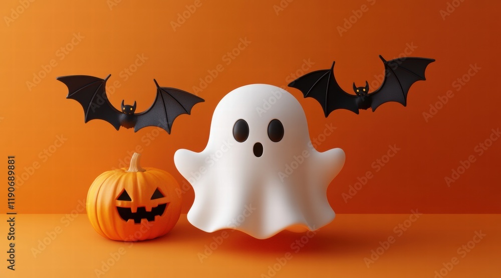 Fototapeta premium 3D render of a cute white ghost with two small black bats and a pumpkin on an orange background