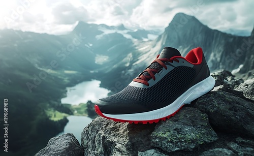 Dynamic black and crimson running shoes on mountain peak outdoor adventure scenic view nature photo