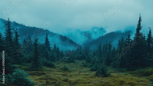 Wallpaper Mural Mystical Foggy Forest Landscape with Lush Greenery and Pine Trees Torontodigital.ca