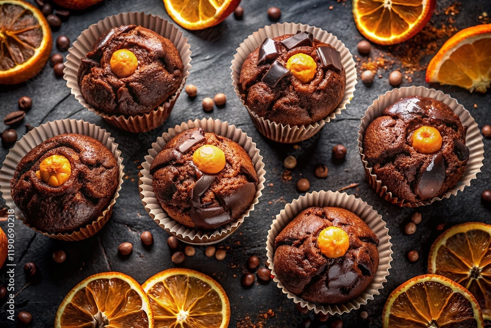 Delicious Chocolate Orange Muffins: Top View Dark Background Stock Photo Delicious Chocolate Orange Muffins: Top View Dark Background Stock Photo