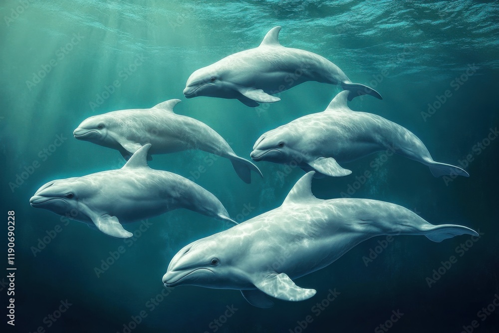 Fototapeta premium Synchronized porpoises in serene ocean highquality DSLR photography