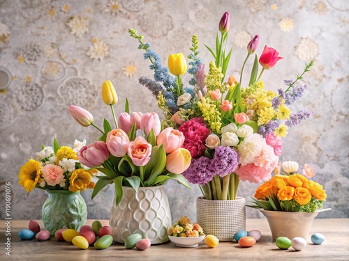 Wallpaper Mural Modern Easter Floral Decor: Pastel Flowers & Geometric Shapes on Textured Background - Stock Photo Torontodigital.ca