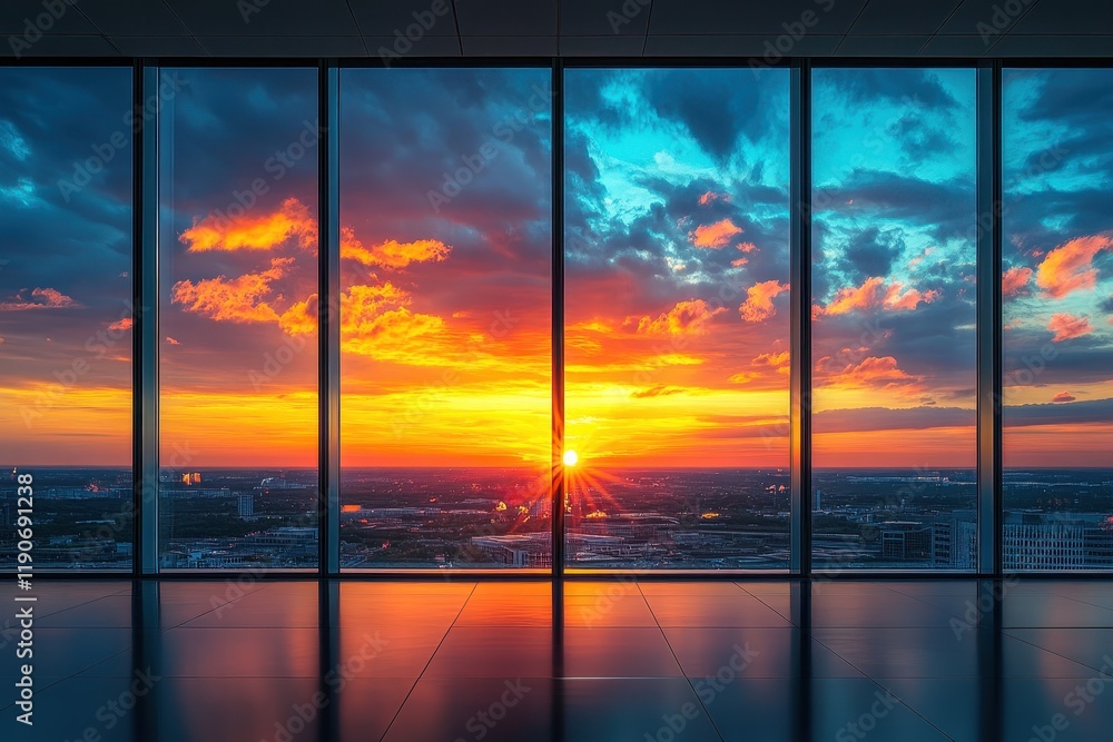 Fototapeta premium Stunning Sunset View from Modern Skyscraper with Vibrant Sky and Cityscape Reflections through Large Glass Windows