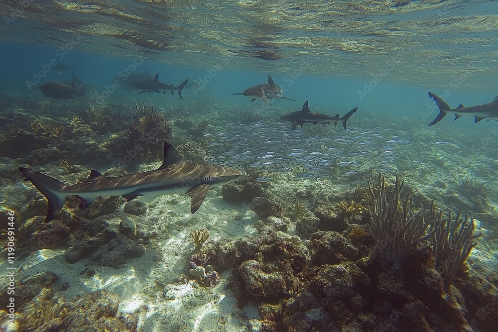 Fototapeta premium Whitetip reef sharks hunting silverfish in vibrant coral reef