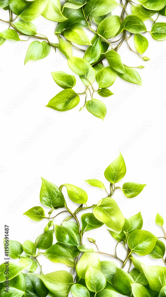 Lush green leaves frame a white background, ideal for text or product placement Lush green leaves frame a white background, ideal for text or product placement