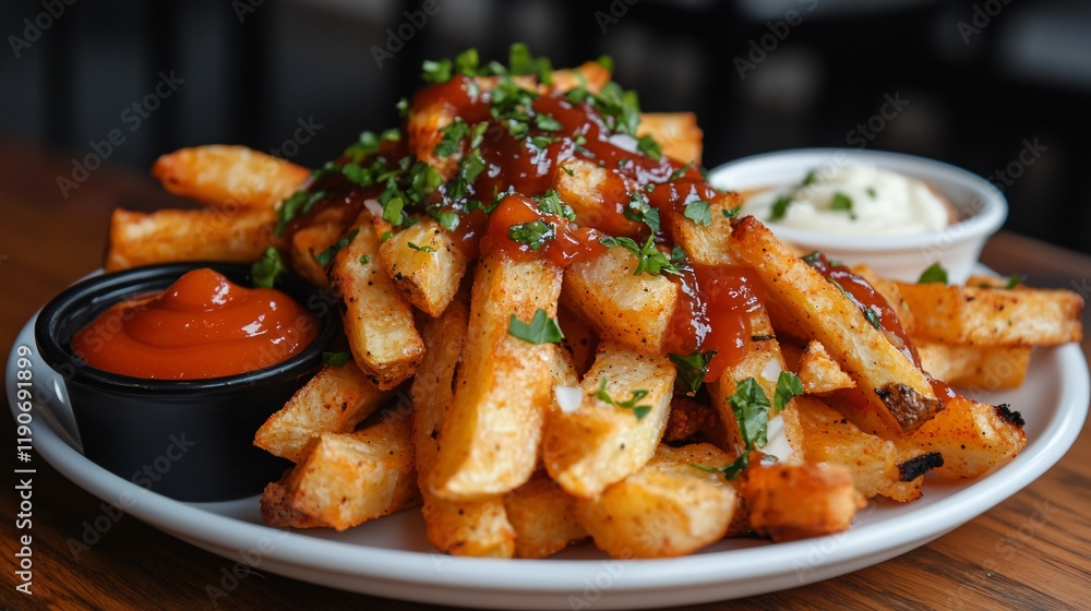A comforting plate of yam fries, isolated with ketchup and aioli dips A comforting plate of yam fries, isolated with ketchup and aioli dips