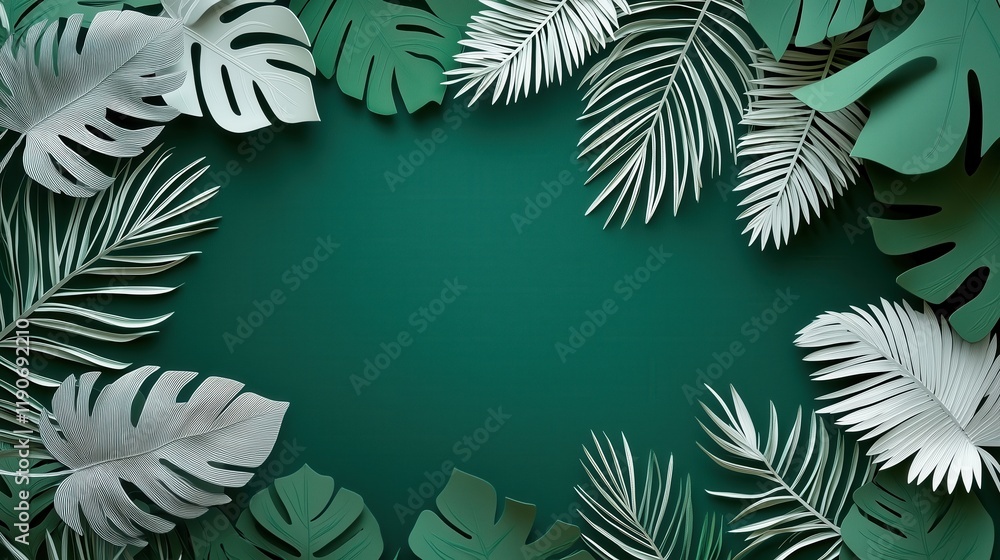 Naklejka premium Green Tropical Leaf Arrangement on Solid Background for Decor