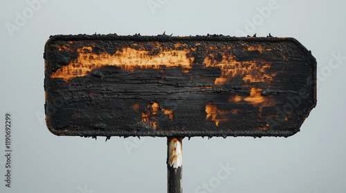 Weathered and Burned Wooden Sign on Isolated Gray Background