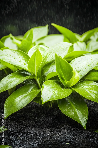 Lush green plants thriving under gentle rain, dark background, representing growth and nature. Ideal for environmental or gardening themes photo