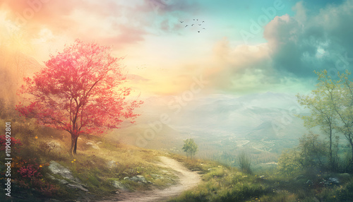Serene Autumn Path Winding Through Misty Mountains