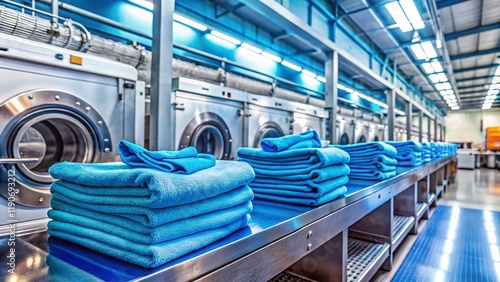 Modern Laundry Facility: Clean Blue Towels on Conveyor Belt