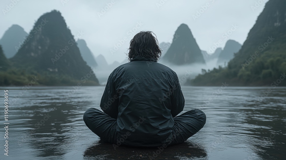 Serene Meditation by a River Surrounded by Misty Mountains Serene Meditation by a River Surrounded by Misty Mountains