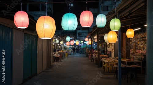 A cozy market scene with food vendors glowing under decorative lanterns, light reflections creating a lively ambiance photo