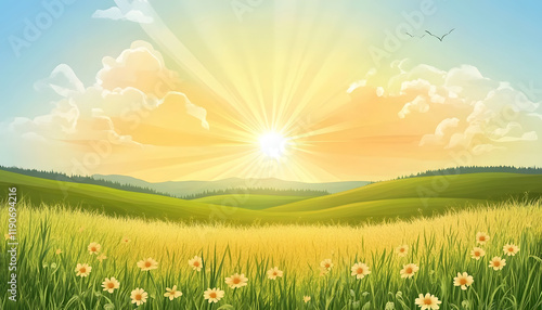 Serene Sunrise Over Rolling Hills And Flower Field