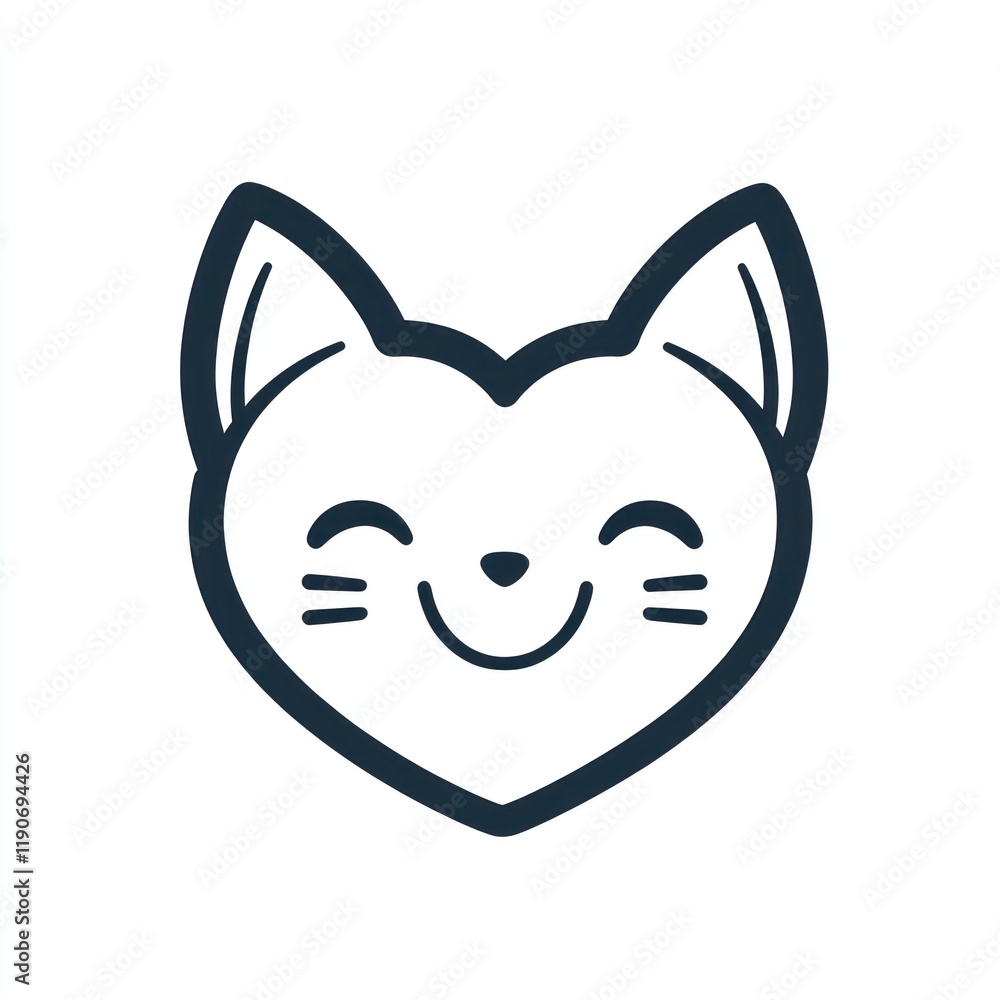Happy heart-shaped cat icon, digital illustration, white background, pet logo Happy heart-shaped cat icon, digital illustration, white background, pet logo