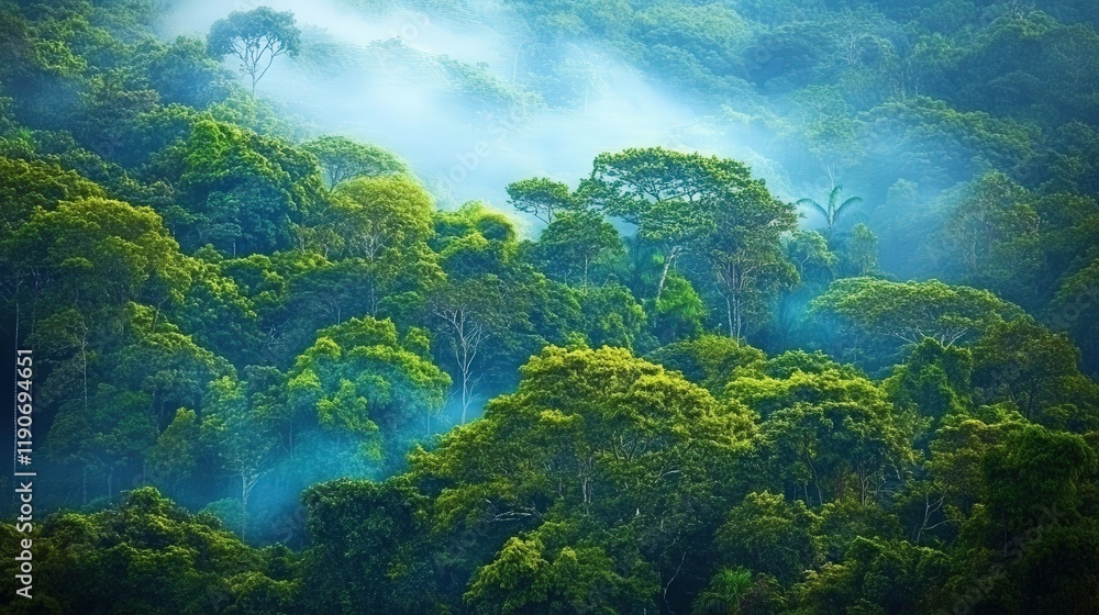 A vibrant aerial view of a rainforest canopy, showing layers of trees with varying shades of green A vibrant aerial view of a rainforest canopy, showing layers of trees with varying shades of green