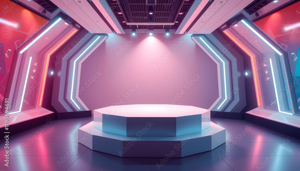 Fototapeta premium Neon-lit stage with octagonal platform