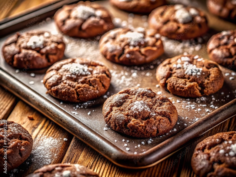 Delicious Homemade Chocolate Cookies with Powdered Sugar on Baking Sheet - Stock Photo Delicious Homemade Chocolate Cookies with Powdered Sugar on Baking Sheet - Stock Photo