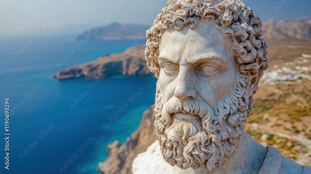Obraz premium Marble Statue Overlooking Coastal Landscape with Blue Waters and Cliffs