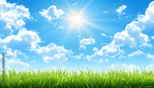 Sunny Sky Above Lush Green Grass Field