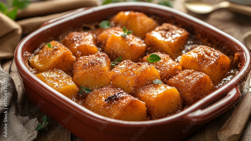 Yams baked with cinnamon and brown sugar, isolated with a cozy wooden tablecloth Yams baked with cinnamon and brown sugar, isolated with a cozy wooden tablecloth