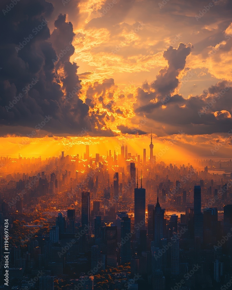 Fototapeta premium A vibrant city skyline bathed in the warm glow of a setting sun, with dramatic clouds in the background