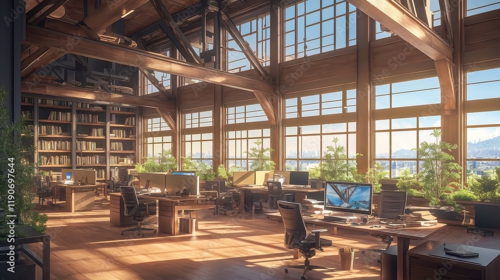 Obraz premium Contemporary loft workspace design featuring sleek furniture, open layout, industrial elements, large windows, minimalist decor, and a vibrant atmosphere for creativity and collaboration