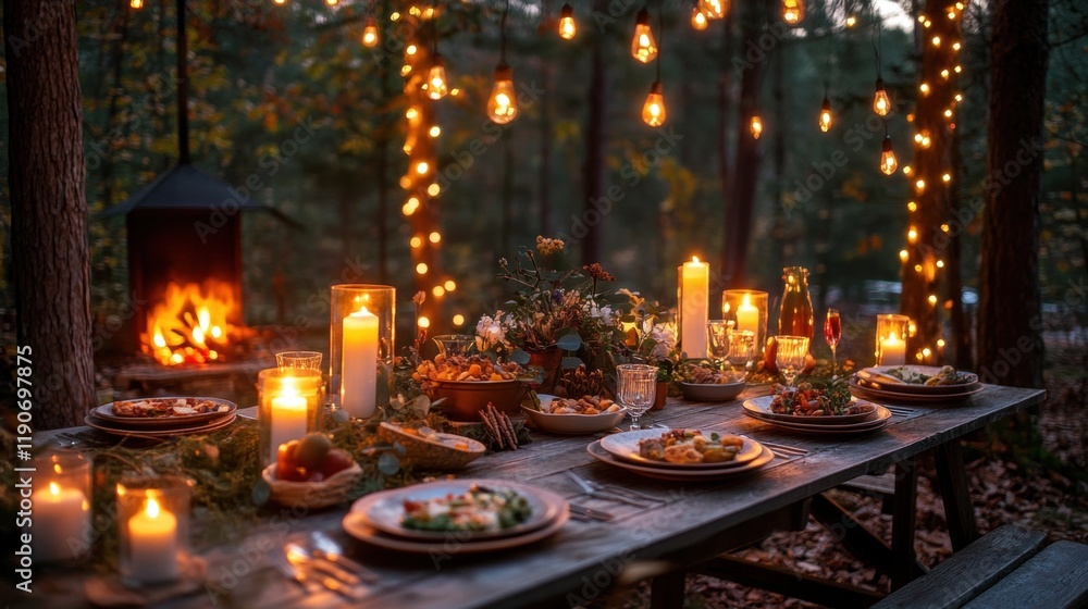Cozy Outdoor Dinner Setting with Warm Lights and Delicious Food Cozy Outdoor Dinner Setting with Warm Lights and Delicious Food
