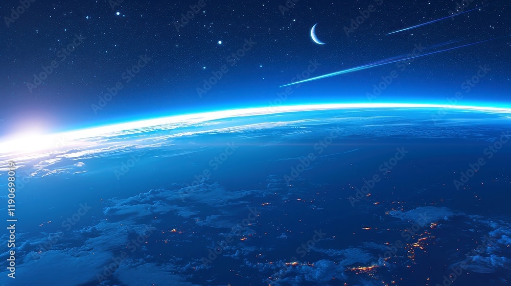 Fototapeta premium Aerial View from Near Space, capturing the stunning curvature of the Earth, vibrant blue atmosphere, and a breathtaking expanse of clouds at 20 kilometers altitude