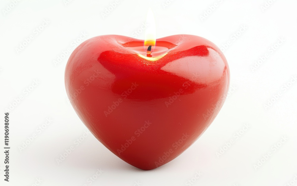 Obraz premium A romantic heart-shaped red candle burning gently on a bright white background for valentines day