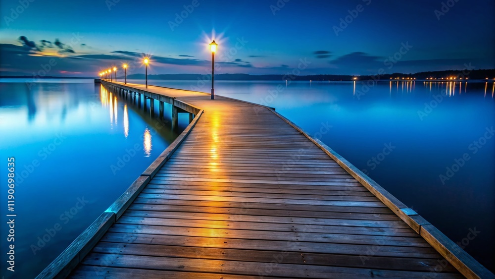 Obraz premium Moody Nighttime Pier on Calm Water - Low Light Photography