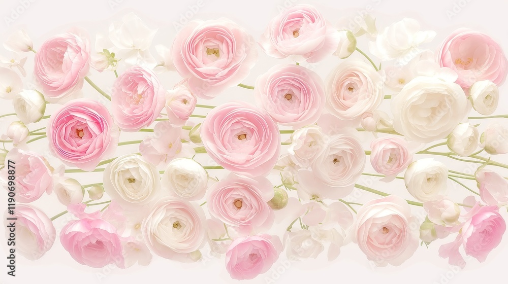 Delicate Pink and White Ranunculus Blooms, showcasing layers of soft petals, vibrant colors, and intricate textures, perfect for adding elegance to any floral arrangement. Delicate Pink and White Ranunculus Blooms, showcasing layers of soft petals, vibrant colors, and intricate textures, perfect for adding elegance to any floral arrangement.