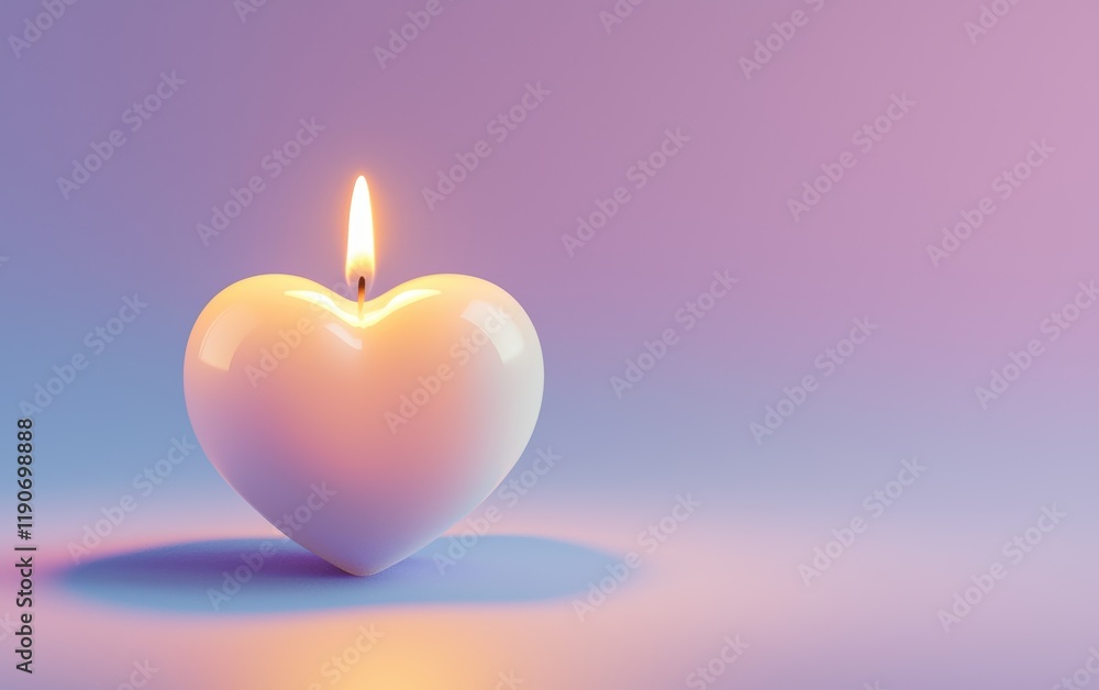 A romantic white candle with a heart motif glowing warmly on a pastel lavender background for valentines day A romantic white candle with a heart motif glowing warmly on a pastel lavender background for valentines day