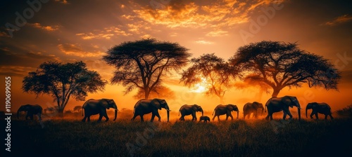 Silhouetted Elephant Family Crossing Savanna at Golden African Sunset  Wildlife Stock Photo