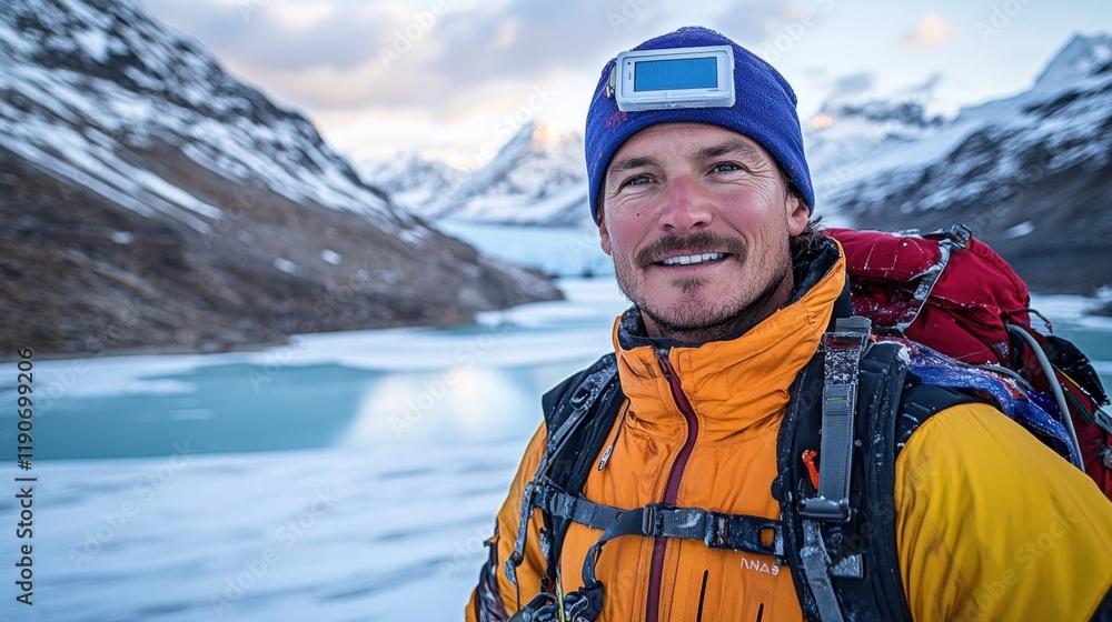 Adventurous Climber Smiling in Snowy Mountain Landscape at Dusk Adventurous Climber Smiling in Snowy Mountain Landscape at Dusk