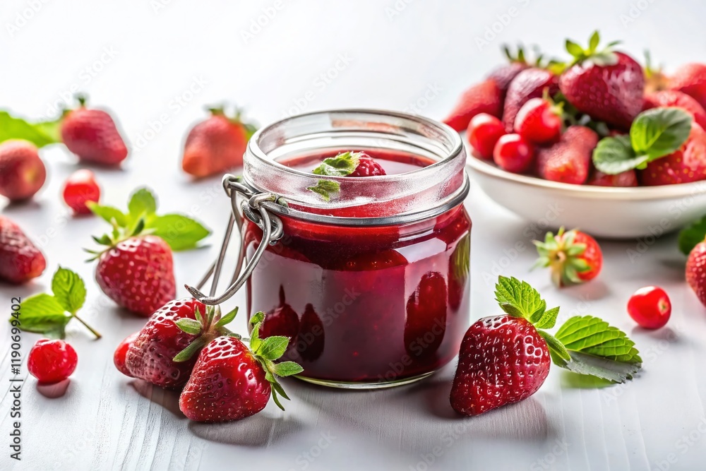 Delicious Strawberry Jam in Glass Jar with Fresh Berries - White Background Stock Photo Delicious Strawberry Jam in Glass Jar with Fresh Berries - White Background Stock Photo