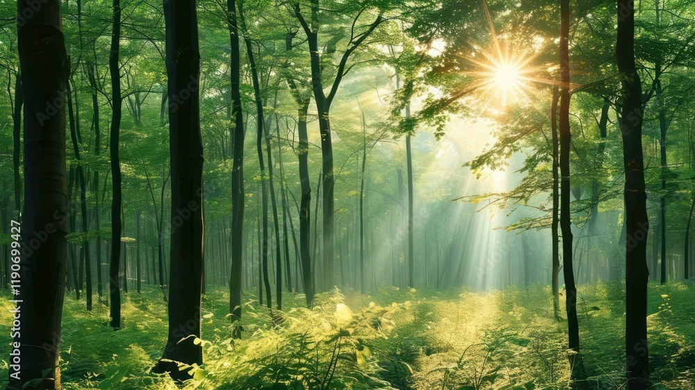 Fototapeta premium Beautiful forest scene with sunlight rays filtering through trees, creating a serene and tranquil atmosphere