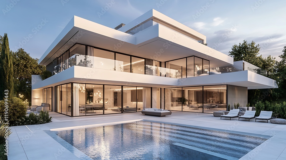 Fototapeta premium High Class Architectural Home with a Pool and Relaxing Terrace Views