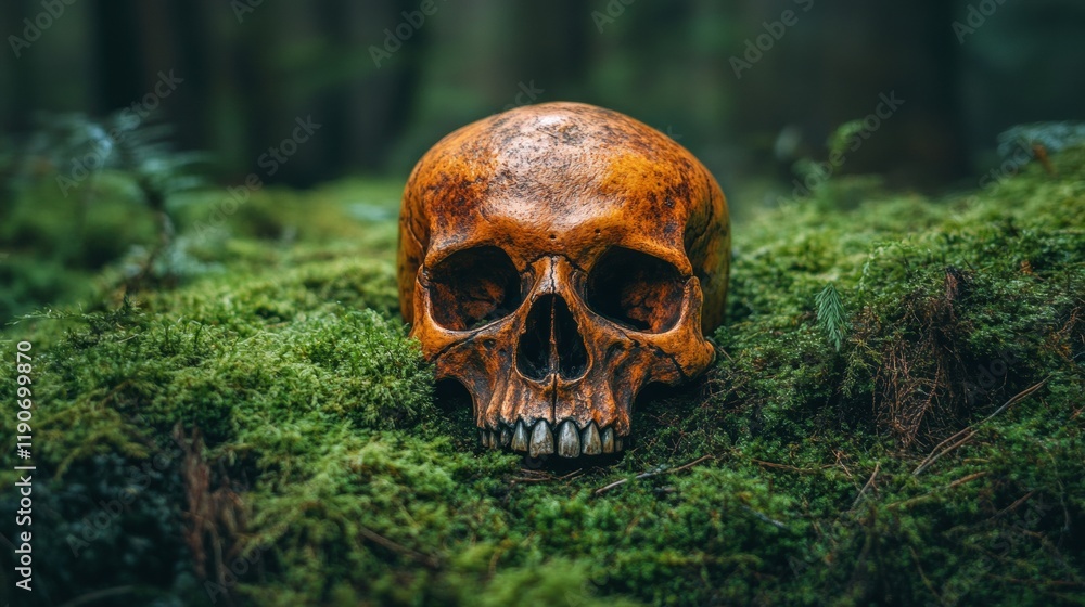Detailed Skull Surrounded by Green Moss in a Dark Forest Setting Detailed Skull Surrounded by Green Moss in a Dark Forest Setting
