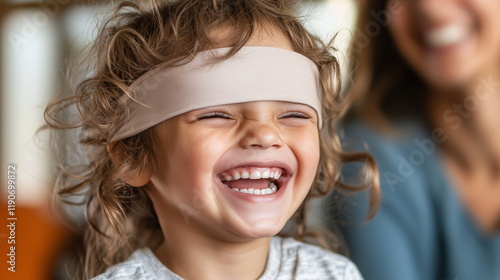 Child Watching Parent Stumble Blindfolded with Laughter photo